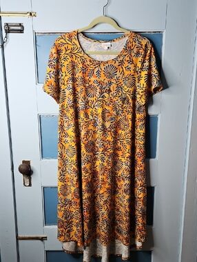 LuLaRoe Carly Women's Midi Dress in Mustard Yellow Orange with Navy Floral Print